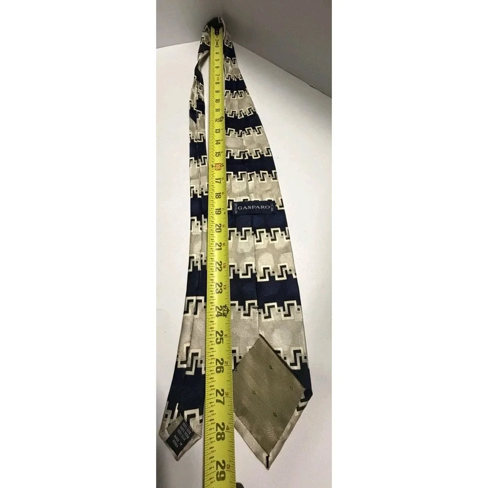 Gasparo Mens Silk Tie Navy Blue Silver Geometric Greek Key Handmade Necktie
